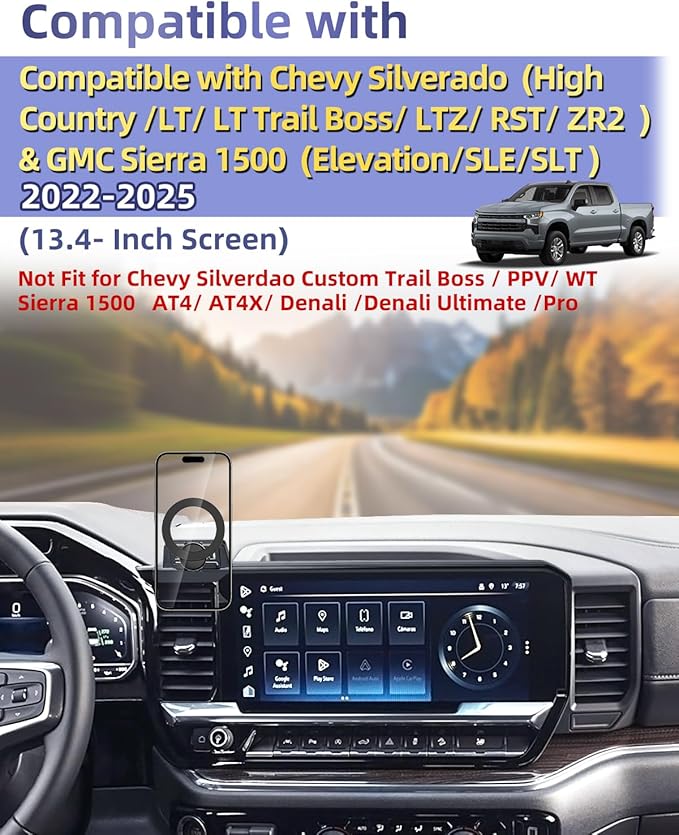 PZK Car Phone Mount for 2022-2025 2026 Chevrolet Silverado 1500/GMC Sierra 1500 LT/RST/ZR2/LTZ/LT Trail Boss/High Country Accessories 13.4-Inch Screen Compatible with MagSafe Chevy Car Phone Holder