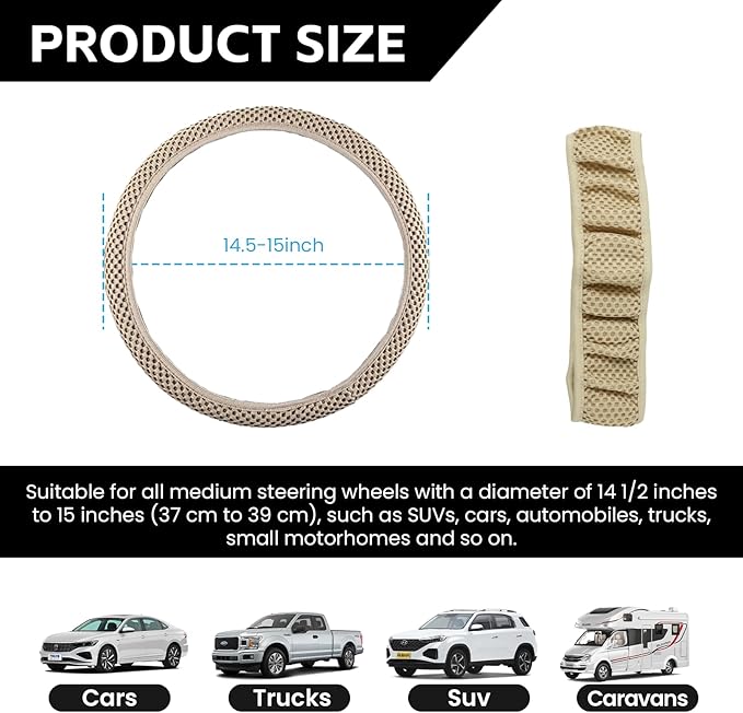 Elastic Stretch Car Steering Wheel Cover, Comfortable Steering Wheel Cover Universal for 14.5-15 Inch, Warm in Winter & Cool in Summer, Anti-Slip Breathable Ice Silk (Beige)