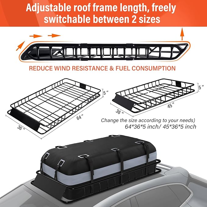 Heavy Duty Universal Rooftop Cargo Carrier Roof Rack, 64"x36"x5" Roof Rack Basket with 20 Cu.Ft Waterproof Bag, for SUV, Truck and Van, 250lbs Capacity, Corrosion Resistant (ROOF 64" and Bag)