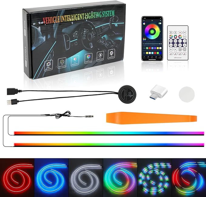 Interior Car LED Strip Lights Acrylic Fiber Optic Strip LED Lights with APP&Remote Control Dynamic Chasing Music Sync Neon Ambient Lighting Kits for Cars,SUVs,Trucks(55.12inch*2)
