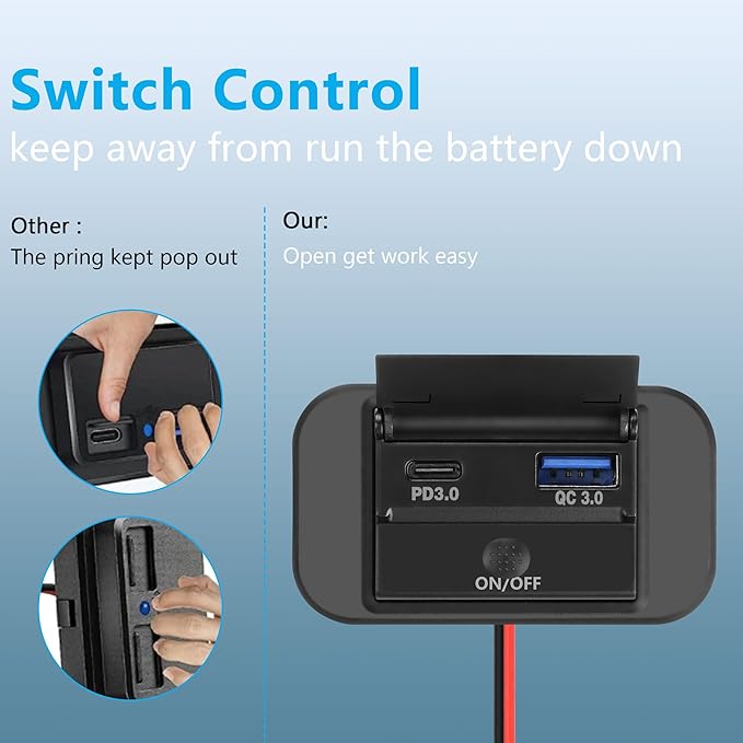 CERRXIAN 12V/24V RV USB Outlet Panel Wall Mount, PD3.0 30W Type-C and QC3.0 18W USB-A Port Car Charger Socket with Button Switch, Waterproof Quick Charger Multi Port Power Adapter - 1Pack