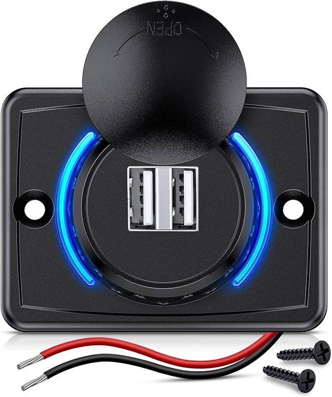Nilight Quick USB Outlet Socket 12V 24V Dual USBs Connector 5V 4.8A Car Outlets with Waterproof Cover Rotating Cap LED Light for Cars Trucks Motorcycle RVs Campers