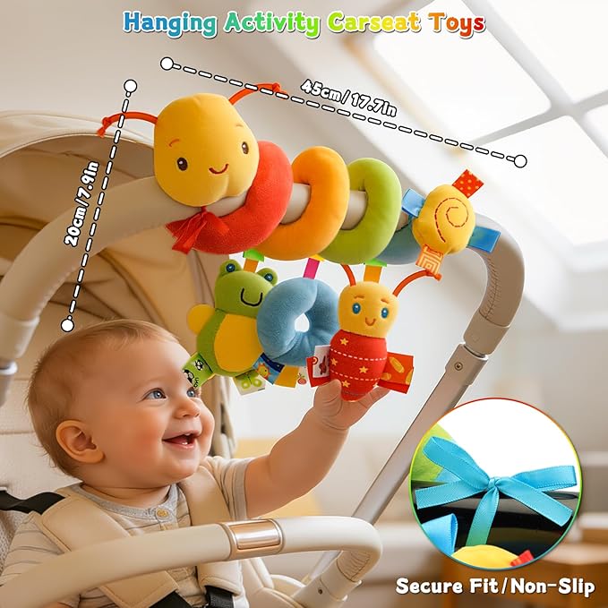 FPVERA Spiral Car Seat Toys - Baby Sensory Soft Plush Hanging Toys for 0-12 Months Stroller Crib Accessories, Essentials for Expecting Moms & Baby Shower Registry Gift