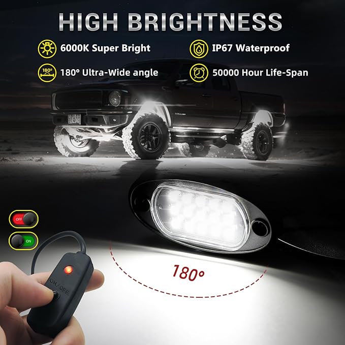 4 Pods White LED Rock Lights with Switch Extension Harness, 6000K 24 LEDs Pure White Neon Underglow Light for ATV SUV UTV RZR SXS Car Trailer Truck, IP67 Waterproof Under Trail Rig Fender Lighting
