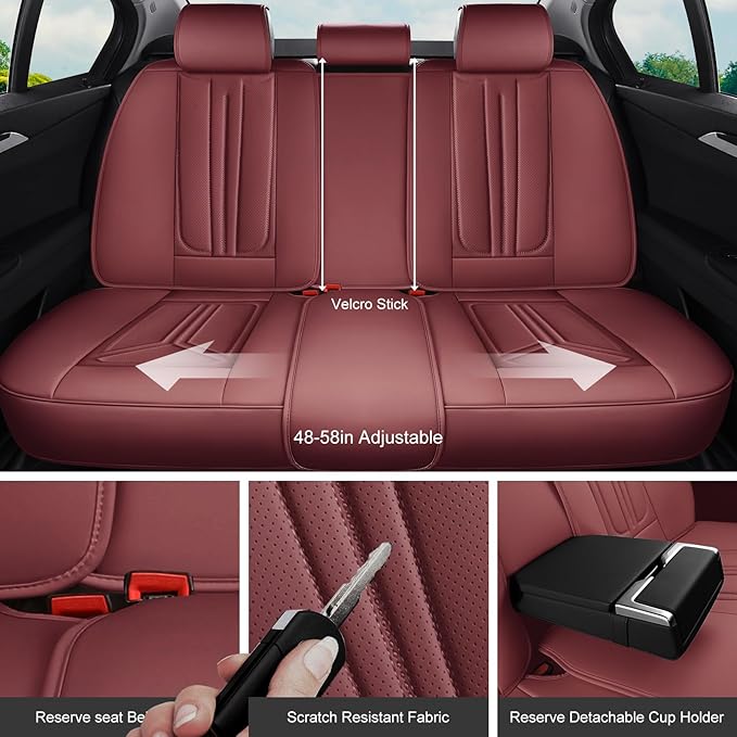 Car Seat Covers, Premium Leather Car Seat Covers, Waterproof and Breathable Seat Covers, Universal Car Seat Protector Fit for Cars, Trucks, SUVs, Pick-ups (Wine Red, FullSet)