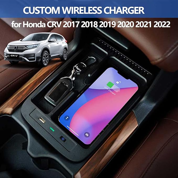 Wireless Car Charger Compatible with Honda CRV 2017 2018 2019 2020 2021 2022, 15W Wireless Fast Phone Charging Pad with 27W USB-A & Type-C Interior Phone Charging Pad Interior Accessories