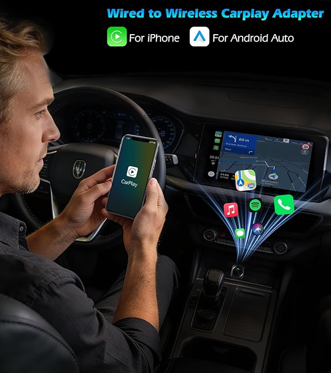 KAIY Wireless CarPlay Adapter for iPhone, 2-in-1 Android Auto Wireless Dongle for Wired Cars, Compatible with Apple CarPlay & Android Auto, No Lag USB A/C Plug & Play Stable Connection