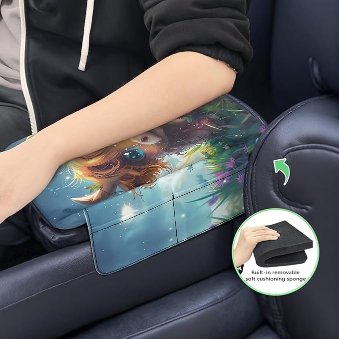 Wanyint Cute Highland Cow Auto Center Console Armrest Cover Arm Rest Seat Box Pad Protector with Side Storage Pocket Middle Console Pad for Car Storage Box Car Interior Accessories
