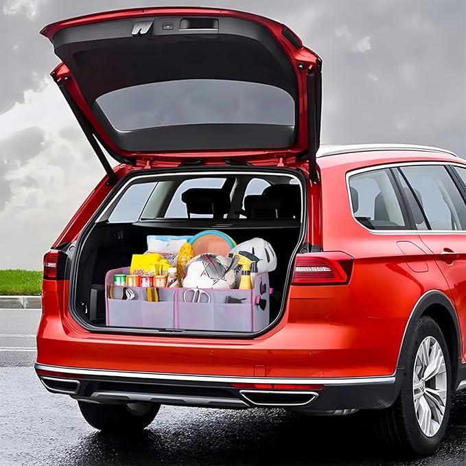 titiyiof Trunk Organizer For Suv&Sedan,Car Organizers & Storage, Waterproof Collapsible & Adjustable Straps,70L Sturdy Car Organization for Car Accessories,Tools,Sundries,2-3Compartment(Colorful Pink)