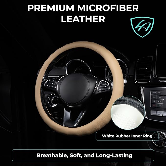 Lord Autofashion Steering Wheel Cover – PU Leather, Non-Slip Rubber Inner, All-Season Comfort – 14.5–15 Inch (Beige 8399)