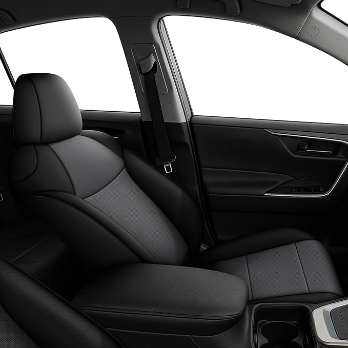 AOMSAZTO Custom Fit Seat Covers for Toyota RAV4 Hybrid 2019 2020 2021 2022 2023 2024 2025 (Not for XSE&2022-2025 SE Hybrid)-Full Set Faux Leather (New Black&Grey)
