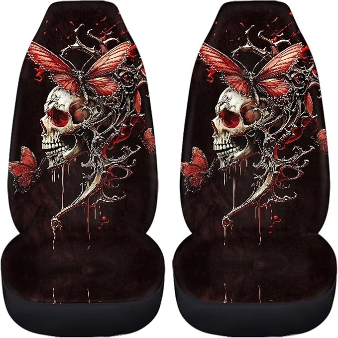 Skull Butterfly Car Seat Covers Comfortable Front Car Seat Covers Elastic Fabrics Cars Interior Automotive Easy Installation Universal Fit Most Cars,SUV, Trucks
