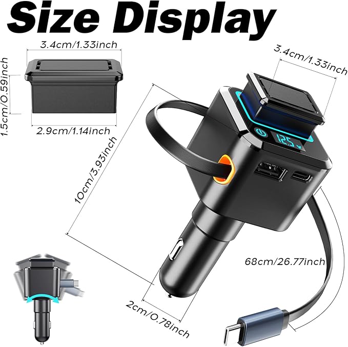 BS-01C 45W Car Charger with Retractable Type-C Cable, 30W USB C & 22.5W USB A Ports, 3-Port Super Fast Charging, Built-in Fragrance Diffuser & Safety Chip (Shop can Purchase Scent Refills)