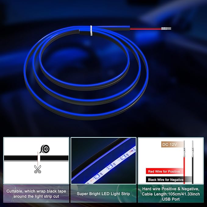 Acrylic Interior Car LED Strip Light with 6mm Sewing Edge - 43.3 inches Ambient Lighting Kits, Neon LED Strip Light(110CM/43.3IN, Blue)