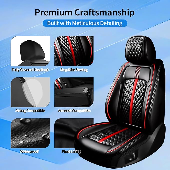 Fit HR-V Car Seat Covers for Select Honda HRV 2016-2025 2026 LX/EX/EXL/Sport - Full Coverage Leather, Waterproof & All Weather Seat Cushion Protector, Full Set, Black with Red Trim