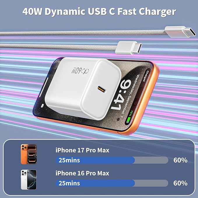 iPhone 17 16 15 Charger USB C Charger Block, 2Pack 40W-60W Dynamic USBC Fast Charging Block with Long 10FT Type-C to C Cable Charging Cord Compatible with iPhone 17/17 Pro/Air/16/15 Pro Max/Plus, iPad