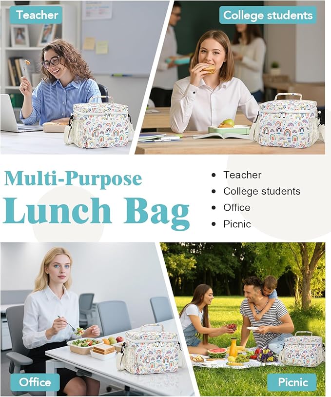 Insulated Lunch Bag for Men & Women, 9L Leakproof Lunch Box Soft Cooler Tote with 5 Pockets, 600D Oxford, EVA Lining, Adjustable Strap for Work, Picnic, Beach&Travel-Corduroy Rainbow