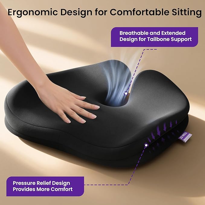 Seat Cushions for Office Chairs, Car Seat - Patented Coccyx Cushion for Tailbone Pain - Memory Foam Butt Cushion for Pressure Relief - Carry Handle & Non Slip Bottom (Black)