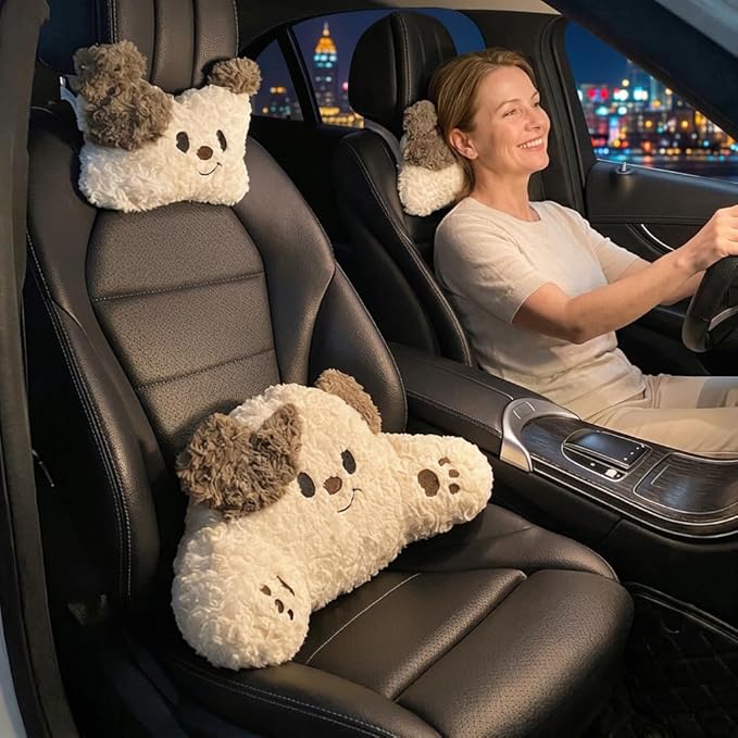 Car Seat Cushions Headrest and Lumbar Support Pillow Set Cute Bear Soft Plush Neck Cushion and Back Support for Long Driving Travel Comfort