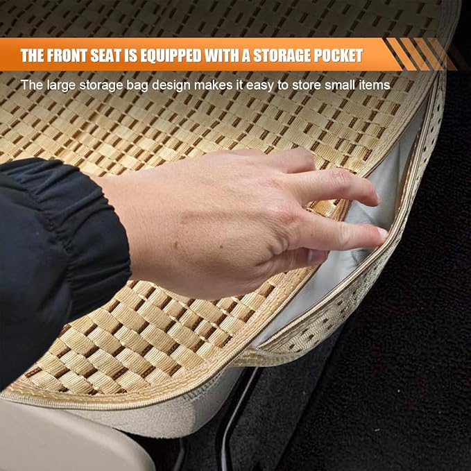 2PCS Ice Silk Car Seat Cushion, Breathable Cooling Anti-Slip Car Seat Protector Cushion with Storage Pocket, Universal Comfort Front Drivers Seat Cover Pad for Cars SUV Truck Interior (Beige)