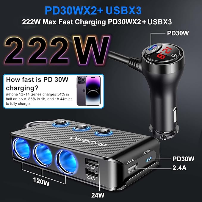 EUGIZMO Cigarette Lighter Adapter, 222W 3 Socket Car Cigarette Lighter Plug USB Charger Multi Port 12V Car Plug Outlet Splitter with LED Voltage Display Independent Switches