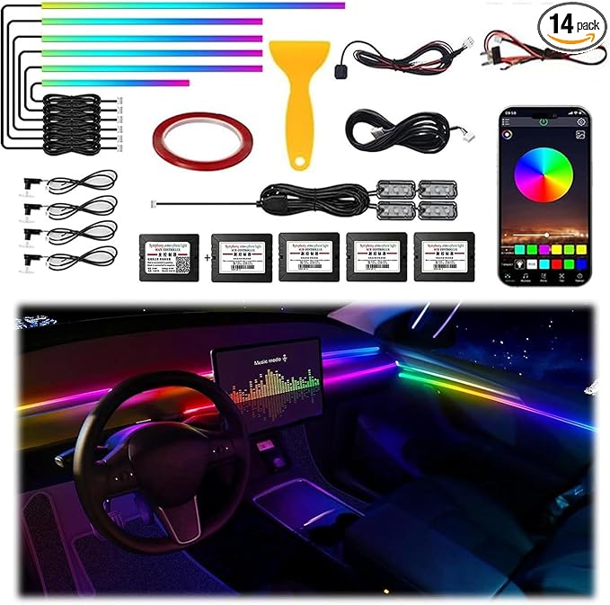 Acrylic Interior Car LED Strip Light, Dreamcolor 14-in-1 RGB Ambient Lighting with APP, 16 Million Colors 175in 600LED Music Sync Lights for Night Driving, Home, Camping & Gift Decor