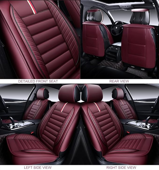 OASIS AUTO Car Seat Covers Front Seats Premium Waterproof Faux Leather Cushion Universal Accessories Fit SUV Truck Sedan Automotive Vehicle Auto Interior Protector (OS-001 Burgundy)