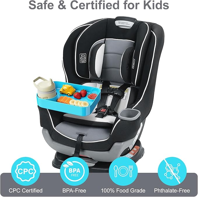 Car Seat Snack Tray for Toddlers - 3 Inch Cup Holder Fits Most Sippy Cups & Straw Bottles with Dip Well, Mess-Free Square Kids Travel Tray Road Trip Essentials, Sky Blue