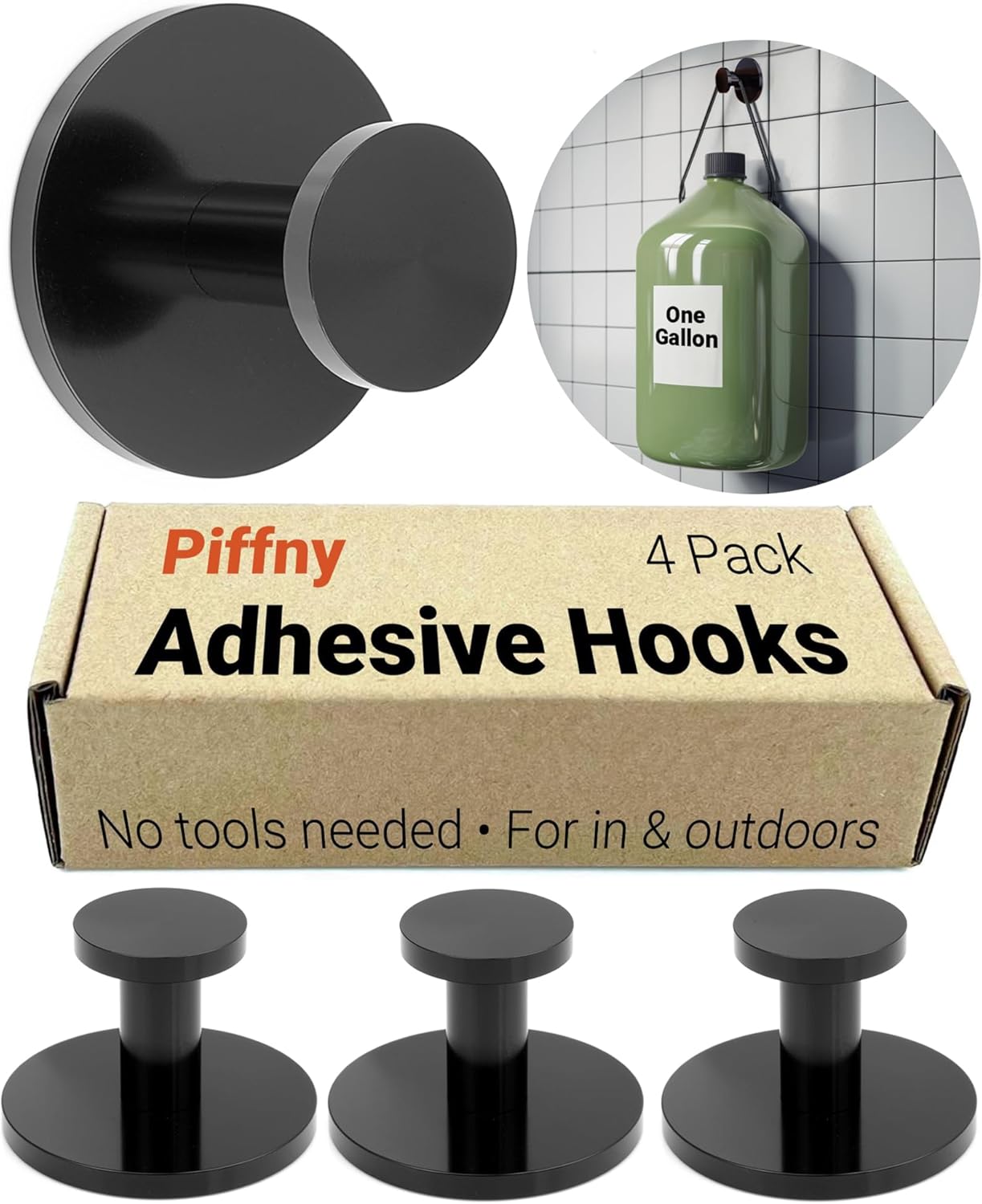 Round Adhesive Hooks for Hanging Towels, Clothes, Keys, and Robes in The Bathroom, Shower, Closet, Kitchen, and on Doors, Cabinets, and Countless Other Places - Black - 4 Pack