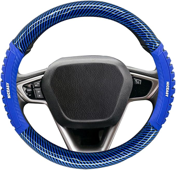 Sport Style Blue PU Leather Steering Wheel Cover with Bright-Blue Sport Grip Anti-Slip Breathable Steering Wheel Accessory Universal Fit 14.75-15 inch