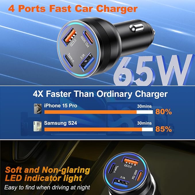 iPhone 17/16 Pro Max Car Charger, 65W 4-Port USB C Cigarette Lighter Adapter Fast Charging Car Charger Adapter with 6FT Braided USB C Cable for iPhone 17/16 Plus/16 Pro/16 15 Pro Max,iPad Pro/Air/Mini