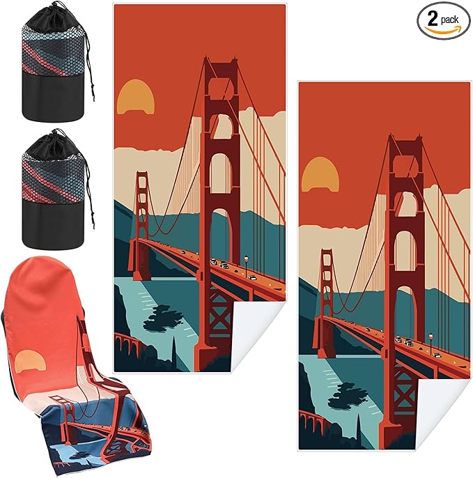 2 Pack Car Seat Towel Covers with Storage Bag 63 x 32 Inch Athletic Running Towel Seat Sweat Washable Non Slip Cover Gift for Car Outdoor Sport Activities (Golden Gate Bridge)