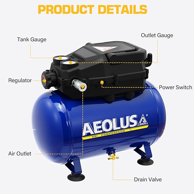 Air Compressor, 3 Gallon Max 110 PSI Portable Oil Free Tank and Ideal for Painting, Inflation and other Pneumatic Tools.