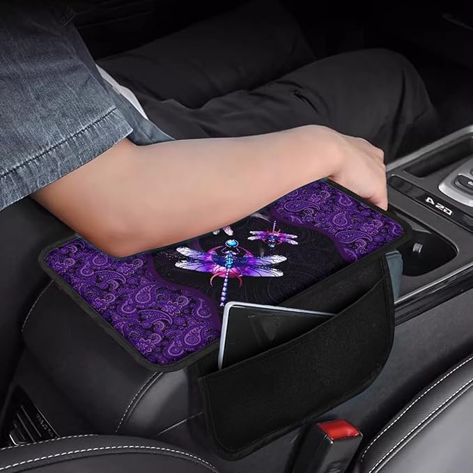 Paisley Flower Dragonfly Print Car Center Console Cover Breathable Auto Armrest Cushion Waterproof Armrest Seat Box Cover Protector Universal for Most Vehicle SUV Truck Car