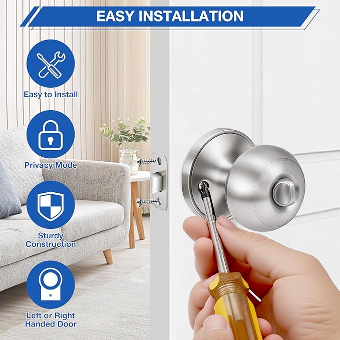 Plustool 6 Pack Brushed Nickel Door Knobs,Privacy Door Knob with Lock, Interior Doorknobs Silver, Keyless Door Locks Set for Bedrooms Bathrooms, Reversible for Left/Right Door Handle