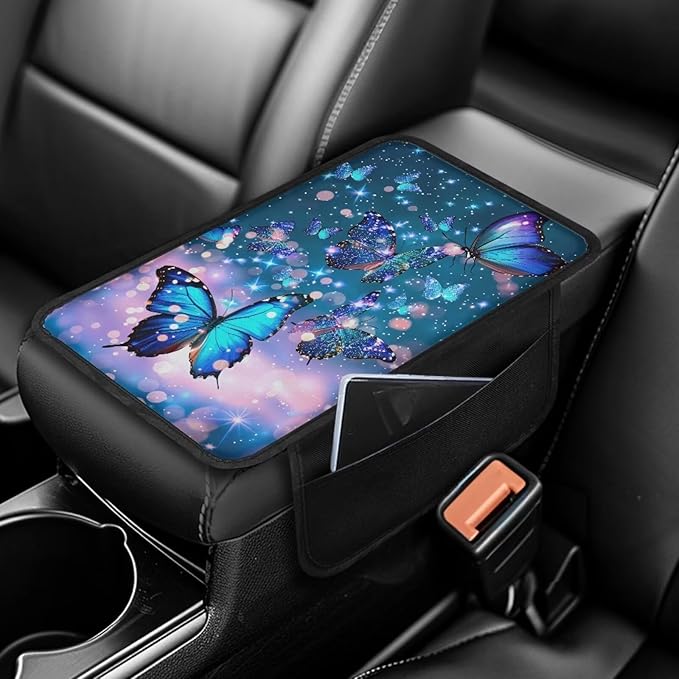 Blue Sparkling Butterfly Print Center Console Covers for Cars Soft Auto Armrest Storage Box Mat Non-Slip Car Armrest Cover Cushion Armrest Cover Center Console Pad