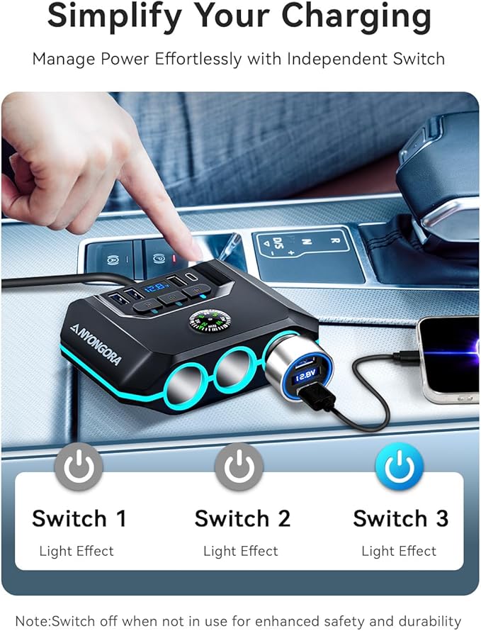 Anyongora 9-in-1 Cigarette Lighter Splitter, 156W Car Charger Adapter with PD 36W & QC 3.0, 3 Sockets with Independent Switches, 6 USB Ports, LED Voltage Display, UL Certified, Includes Spare Fuse