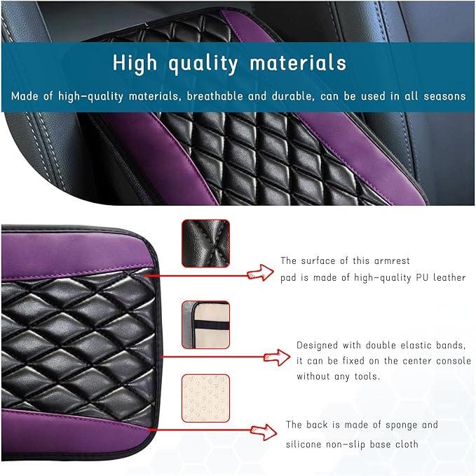 Car Center Console Cushion Pad, Universal Leather Waterproof Armrest Seat Box Cover, Comfortable Auto Armrest Cover Protector, Car Interior Decor Accessories for Most Vehicles (Purple)