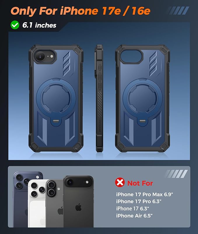FNTCASE for iPhone 17e Phone Case: for iPhone 16e Case with [360 Spin Magnetic Ring Kickstand] [Compatible for MagSafe] [Screen Protector] Heavy Duty Military Grade Protection Case with Stand Blue