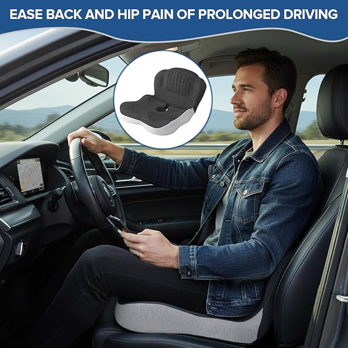 Urban Deco Memory Foam Seat Cushion, Office Chair Seat Cushion with L-Shaped Design, Ergonomic Back and Seat Pad Cushion for Car, Driving, Office, Black+Grey
