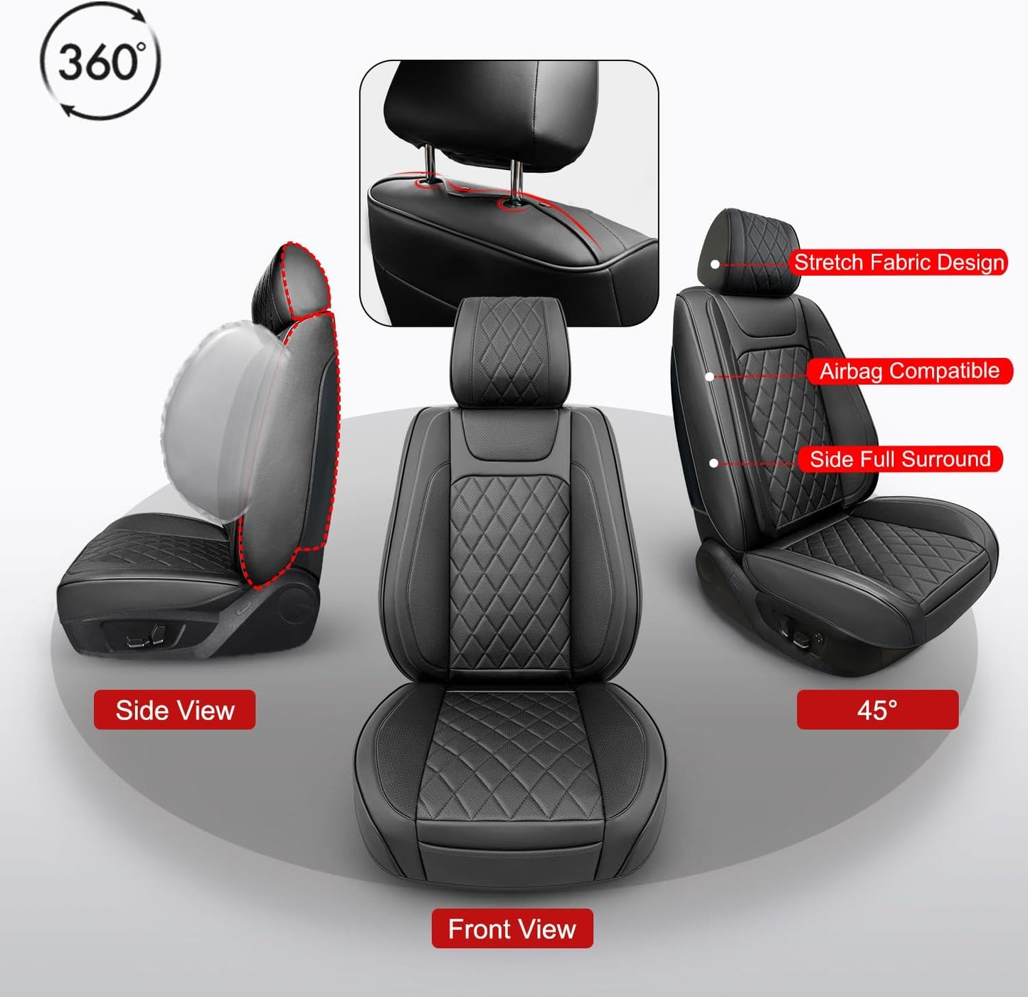 2 Pack Leather Front Car Seat Covers,Universal Breathable Full Surround Leather Car Seat Cover Protector,Split Waterproof Luxury Auto Black Seat Cover Cushion for Sedan Cars Pick-up Trucks SUV