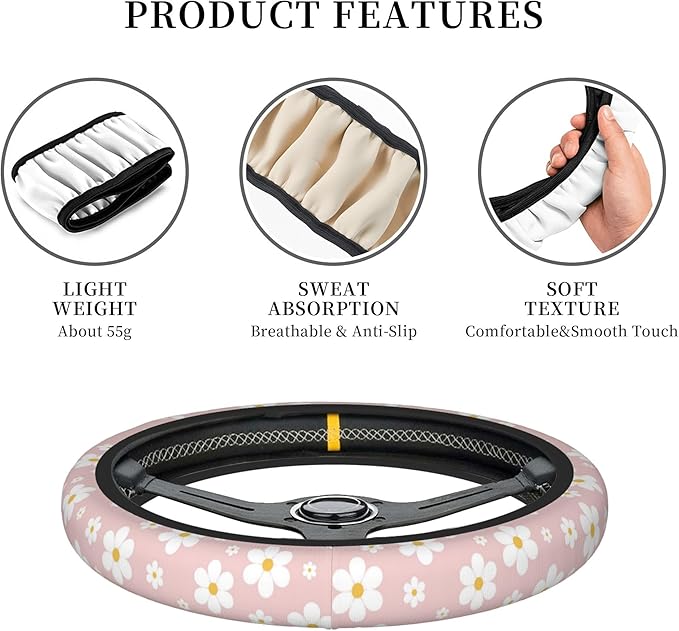 Car Steering Wheel Cover,Pink Flower Universal Non Slip Wheel Protector 15 Inch Elastic Car Accessories for Men Women