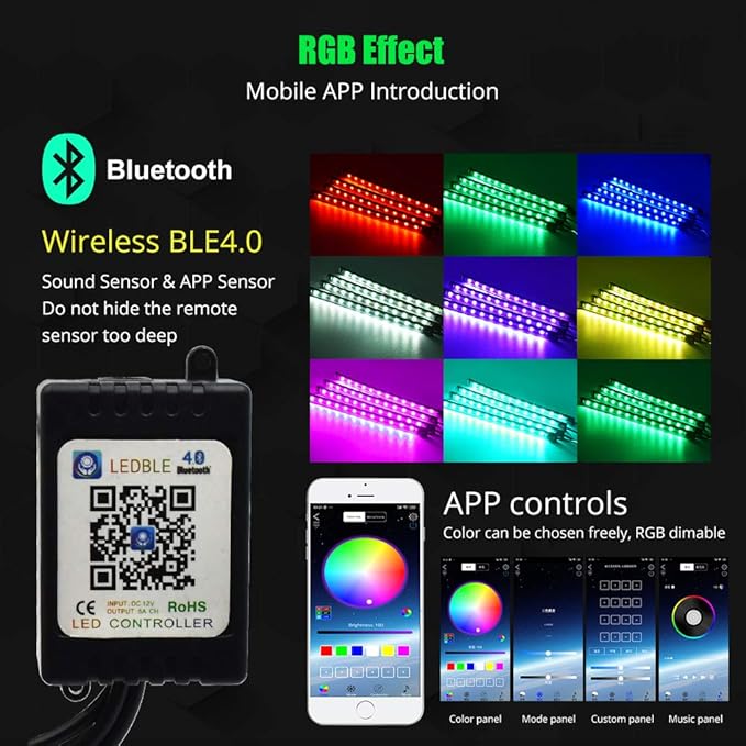 Atmosphere LED Car Lights,4pcs 48 LEDs RGB Bluetooth APP Control Car Interior LED Strip Music Lighting Kits for DIY Indoor Party.Car Cigarettet,DC 12V.