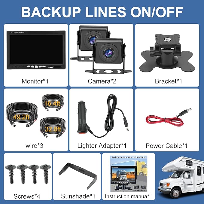 Kairiyard Dual RV Backup Camera with 7 Inch Monitor, AHD 1080P, 2 Channel, DIY Guide Lines 150 Degree Wide View Angel Wired Reverse Rear View Camera for Truck Car Trailer Camper Tractor