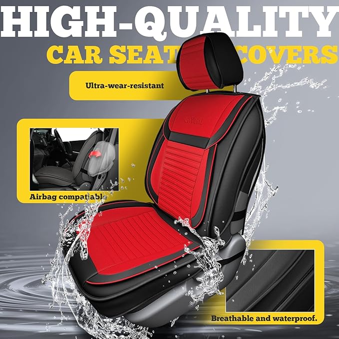 LINGVIDO Front Car Seat Covers, Faux Nappa Leather, Airbag Compatible and Waterproof Protectors for Sedans SUVs, Breathable Anti-Slip Interior for Commuters and Rideshare, Black/Red