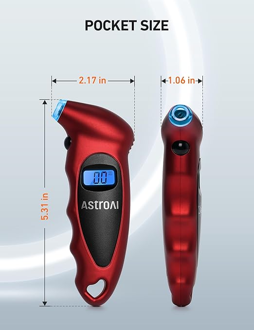 AstroAI Digital Tire Pressure Gauge 0-150PSI Calibrated to ANSI B40.7 +/-1PSI, Accurate in 0.1 Increments, Tire Repair Tools 4 Pressure Measurements for Car Truck with Backlight LCD, Red