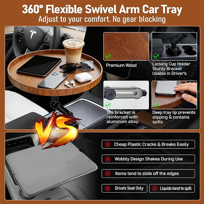 Car Food Cup Holder Tray - 360° Rotating Car Table and Car Seat Tray, Detachable Wooden Car Desk for Laptop and Food Tray, Compatible with Tesla Model Y/3/S, Ford F150/Explorer (Brown, 9.45")