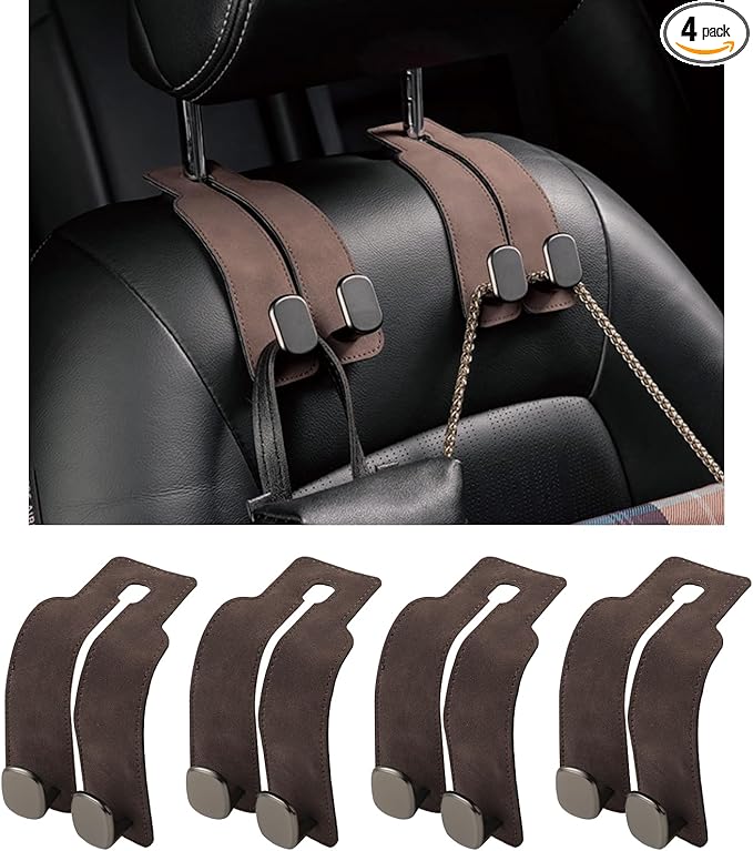 KINIVA Car Seat Headrest Storage Hooks, Set of 2, Suede PU Leather, Double Hooks (Brown-4 Pack)