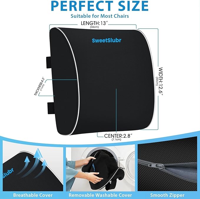 Large Lumbar Support Pillow for Office Chair, Car Seats and Home Desks, Ergonomic Back Support with Double Adjustable Straps, Machine Washable Cover, Black