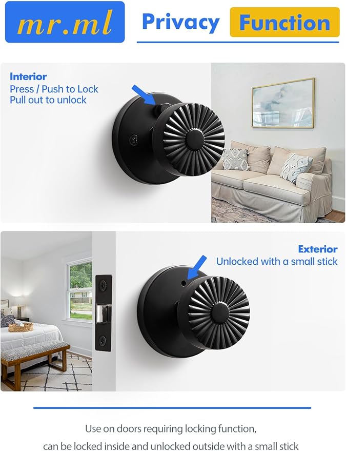Black Privacy Door Knob, Interior Door Handle Bedroom Bathroom Black DoorKnob, Stainless Steel Knob, 1 Pack